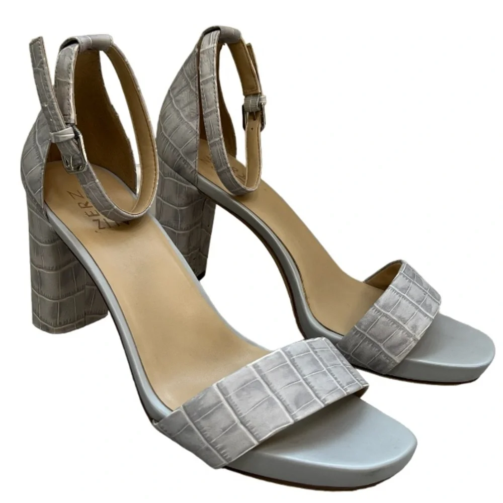Naturalizer Joy Icy Gray Croc Embossed Leather Ankle Strap Block Heels Size 9.5W